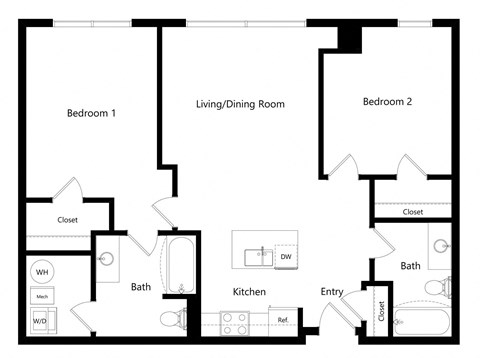 Floor plan for 2 beds, 2 baths, 967 sqft